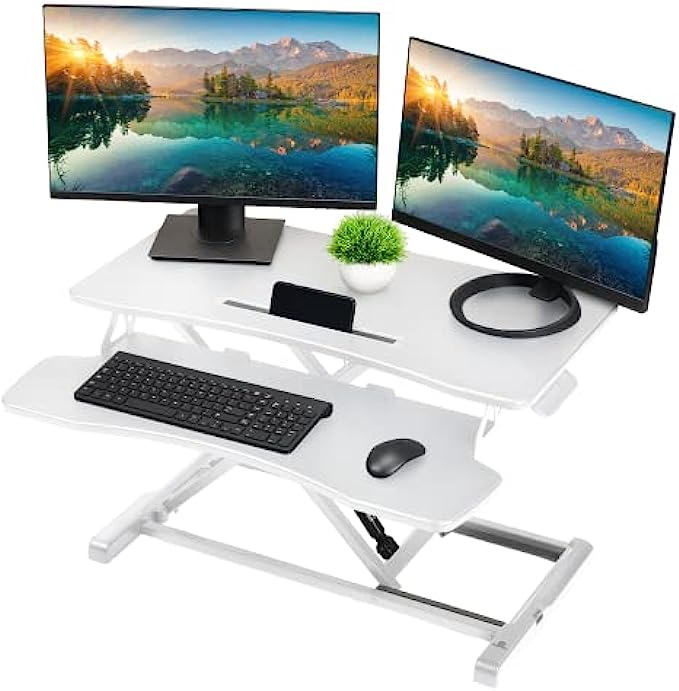 Techorbits Computer Desk Converter 37 Inch Height Adjustable Mdf Wood Sit To Stand Riser White 37"